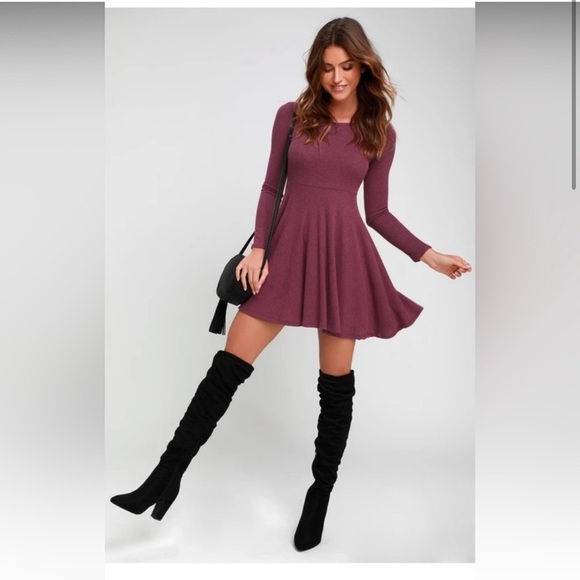 Lulus Dresses & Skirts - Lulus for and flare mauve purple ribbed knit sweater dress long sleeve